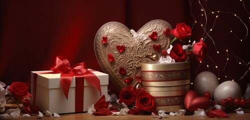 A captivating composition showcasing a heart-decorated gift box amidst a festive arrangement of ornaments and ribbons.