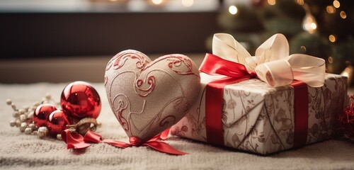 A captivating composition showcasing a heart-decorated gift box amidst a festive arrangement of ornaments and ribbons.