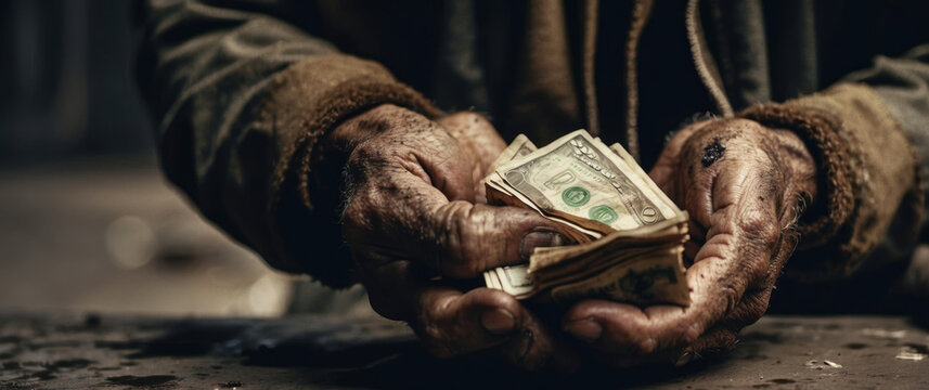 The dirty hands of a homeless man, a poor man holding not much money, dollars. The concept of helping homeless and underprivileged people. Conceptual image of dirty hands holding a few dollars