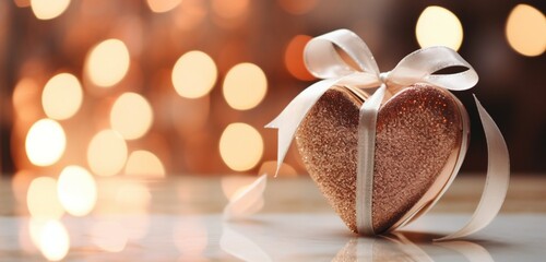 A close-up shot focusing on a glistening heart-shaped ornament atop a wrapped gift box, reflecting soft ambient light.