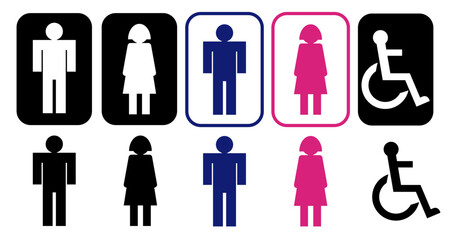 Símbolos de baño público masculino, femenino y discapacitado