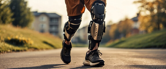 Illustration: A man wearing a prosthetic leg and leg protection. Go out for a practice run. It's equivalent to a normal person jogging. - obrazy, fototapety, plakaty