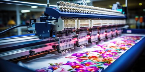 Beautiful multi-colored bright machine embroidery. Digital textile industry. Generative AI