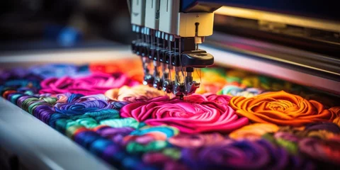 Foto op Plexiglas Beautiful multi-colored bright machine embroidery. Digital textile industry. Generative AI © 22_monkeyzzz