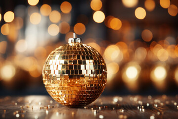 Fototapeta na wymiar golden disco ball shines and glows. party and celebration in the club. lights and bokeh on the background.