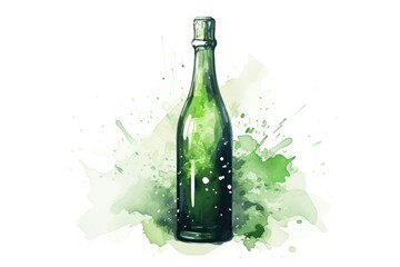 green and gold, drawn watercolor champagne bottle on white background. Christmas and New Year. holiday party