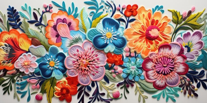 Floral embroidery, many different embroidered flowers on fabric. Colorful pattern. Generative AI