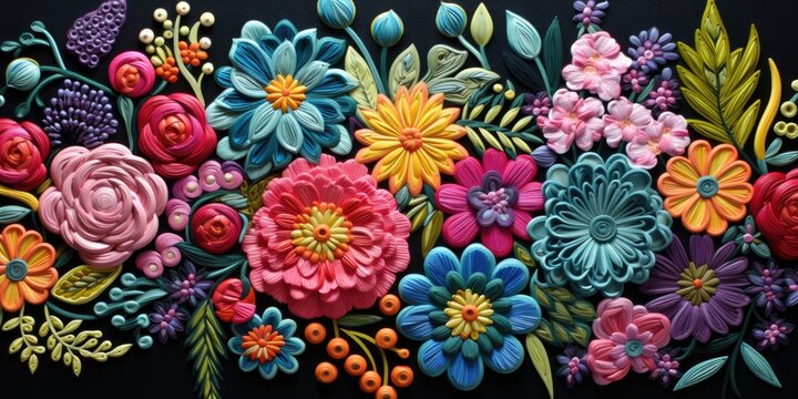 Beautiful multi-colored flower embroidery, Automatic embroidery machine. Generative AI