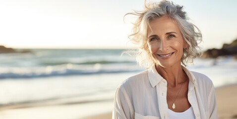 Fototapeta na wymiar Smiling attractive beautiful caucasian senior mature woman posing at the beach looking at the camera