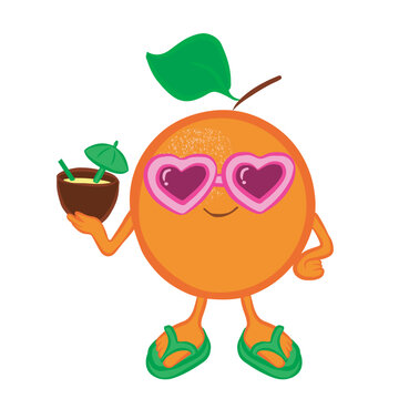 Orange mascot holding a tropical drink. It wears pink heart-shaped sunglasses and green flip-flops. It enjoys vacation in summer. Vector illustration isolated on transparent background