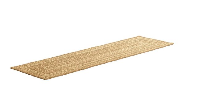 Circular animation of natural braided runner beige jute carpet on white background. Mid-century, Farmhouse, Ethnic, Chalet, Scandinavian interior. 3d render