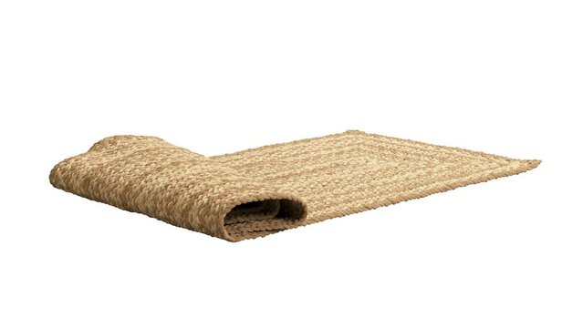 Circular animation of natural braided runner beige jute carpet on white background. Mid-century, Farmhouse, Ethnic, Chalet, Scandinavian interior. 3d render