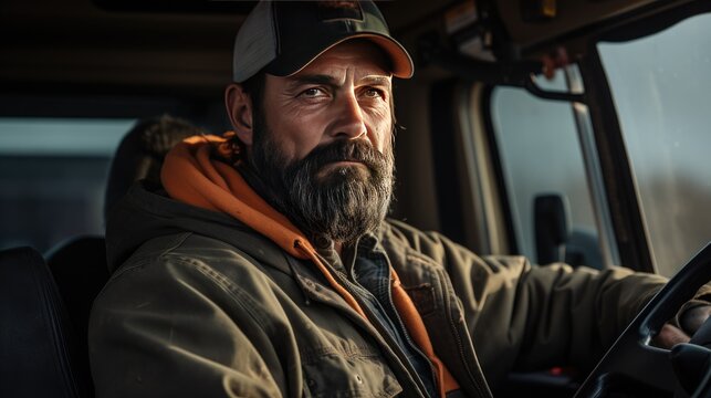 portrait of truck driver  man in cabin driving