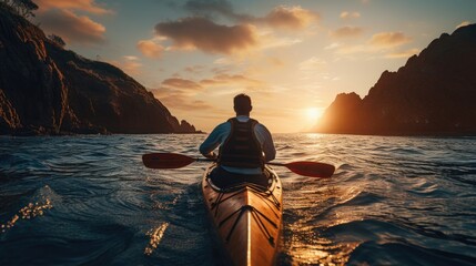man in kayak rowing with paddle at sea during sunset