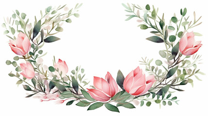 Watercolor floral wreath frame bouquet with green leaves and pink flowers - obrazy, fototapety, plakaty