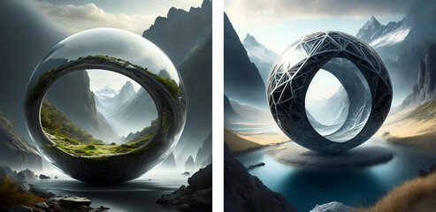 Transparent Futuristic portal in surreal mountain landscape with light-filled fog.