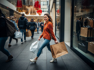 Mulher saindo feliz de loja após as compras - obrazy, fototapety, plakaty