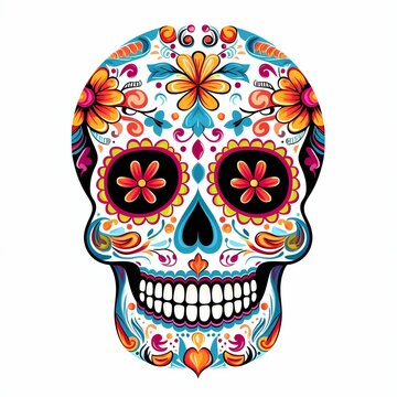 Vibrant Day of the Dead Skull with Floral Patterns Isolated on White Background. Generative ai