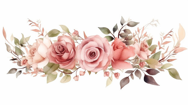 Watercolor flower frame Rose Eucalyptus. Template wedding invitation card on white background