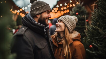 Joyful Couple at Christmas Market. Generative ai