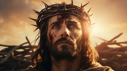 Jesus in Crown of Thorns with Cross at Sunset. Generative ai - obrazy, fototapety, plakaty