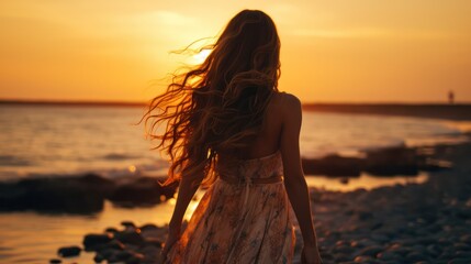 Silhouette of a lady walking on the beach