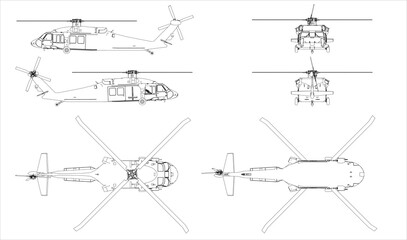 Medium-lift utility military helicopter. Helicopter us army. Multi-purpose helicopter. Blueprint with projections on a transparent background. Scale model.