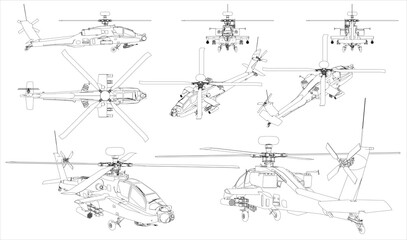American twin-turboshaft attack helicopter. Helicopter us army. Blueprint with projections on a transparent background. Scale model. - obrazy, fototapety, plakaty