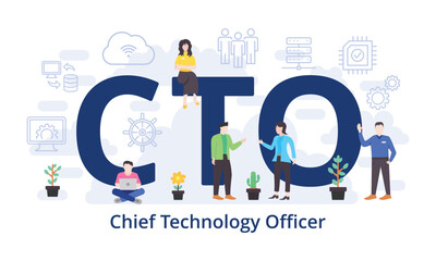 CTO - Chief Technology Officer concept with big word text acronym and team people in modern flat style vector illustration - obrazy, fototapety, plakaty
