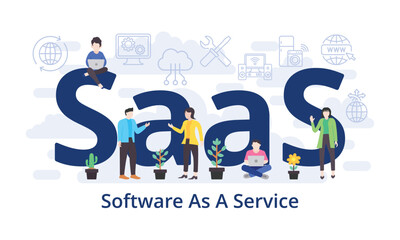 SaaS - Software As A Service concept with big word text acronym and team people in modern flat style vector illustration - obrazy, fototapety, plakaty