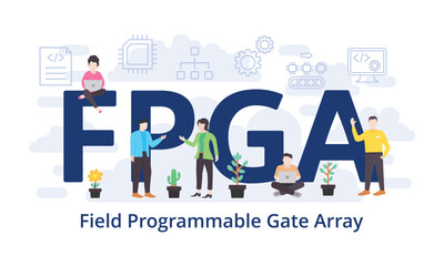 FPGA - Field Programmable Gate Array concept with big word text acronym and team people in modern flat style vector illustration - obrazy, fototapety, plakaty