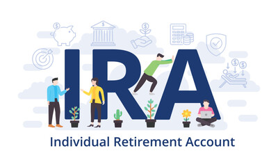 IRA - Individual Retirement Account concept with big word text acronym and team people in modern flat style vector illustration