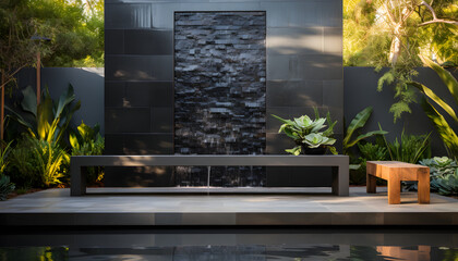 a small water wall made of black tile sits near a serene meditation platform