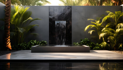 a small water wall made of black tile sits near a serene meditation platform