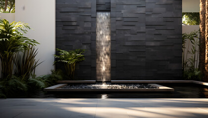 a small water wall made of black tile sits near a serene meditation platform