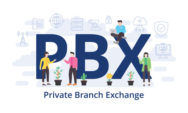 PBX - Private Branch Exchange concept with big word text acronym and team people in modern flat style vector illustration