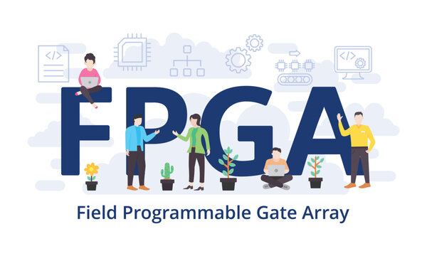 FPGA - Field Programmable Gate Array concept with big word text acronym and team people in modern flat style vector illustration