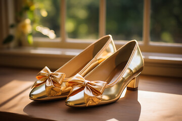Elegant Gold High Heels with Bow Detail