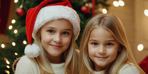 Two little girls, children in childhood at Christmas time on Christmas, sitting in front of a large...