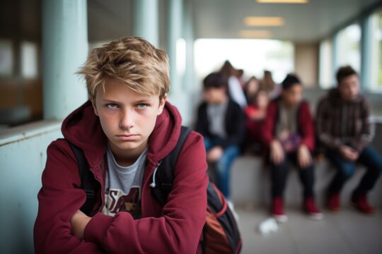Lonely sad teenager guy with backpack sitting against the background of classmates, adolescence problems - Powered by Adobe