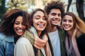 Multiracial group of friends having fun together outdoors on a city street. Young cheerful people walking outside. Generative AI. - obrazy, fototapety, plakaty