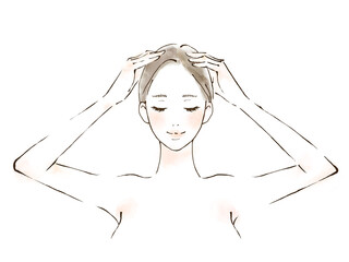 頭のマッサージをする女性のイラスト　セルフケア