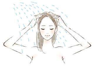 シャンプー　トリートメントを流す女性のイラスト　シャワー