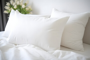 Bedroom interior design details. Comfortable bed with soft white pillows and bedding in bed - obrazy, fototapety, plakaty