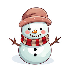 vector snowman in a hat and in a red scarf without background for Christmas postcards cartoon character style
