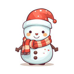 vector snowman in a red santa hat and in a red scarf without background for christmas postcards cartoon character style