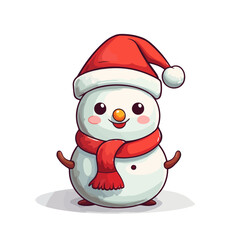 vector snowman in a red santa hat and in a red scarf without background for christmas postcards cartoon character style