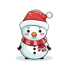 vector snowman in a red santa hat and in a red scarf without background for christmas postcards cartoon character style