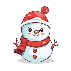 vector snowman in a red santa hat and in a red scarf without background for christmas postcards cartoon character style