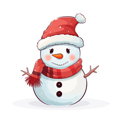 vector snowman in a red santa hat and in a red scarf without background for christmas postcards cartoon character style